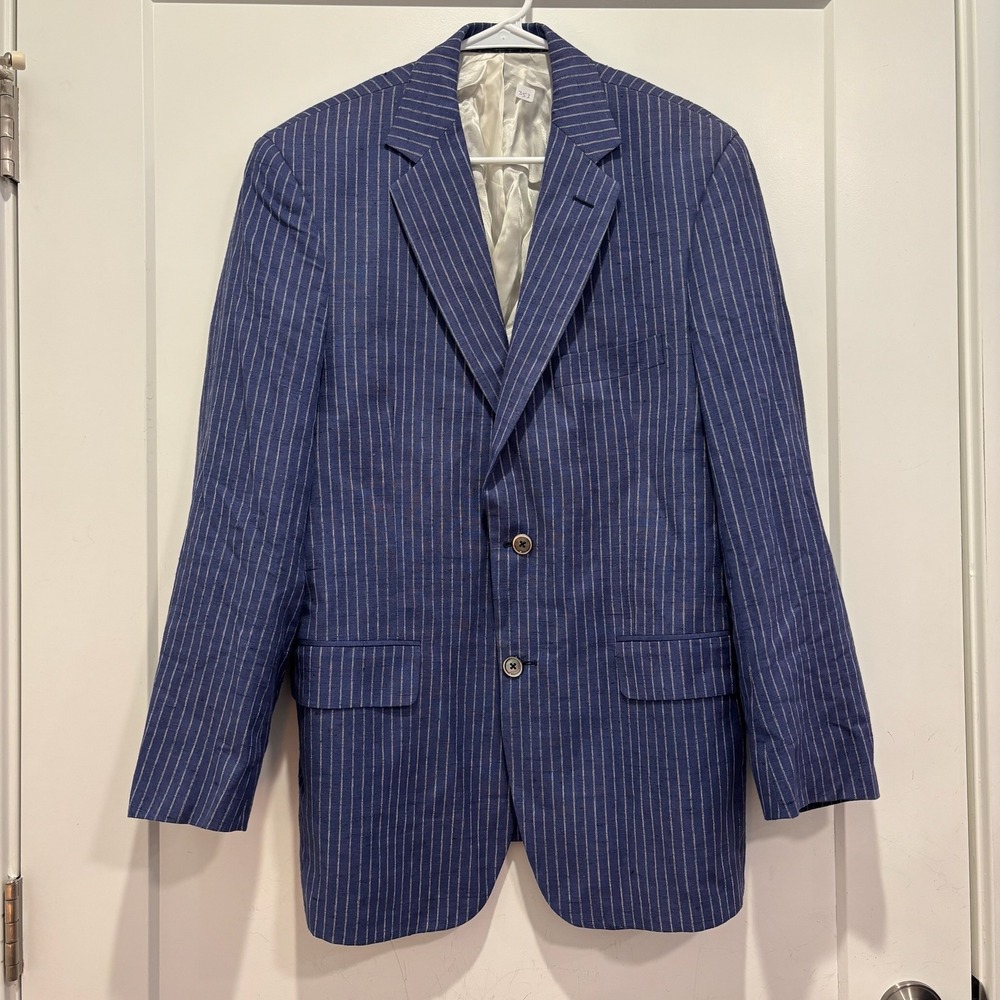 Allen Edmonds Mens Blue Pinstripe Blazer Linen Blend Sport Coat 40R Made in USA